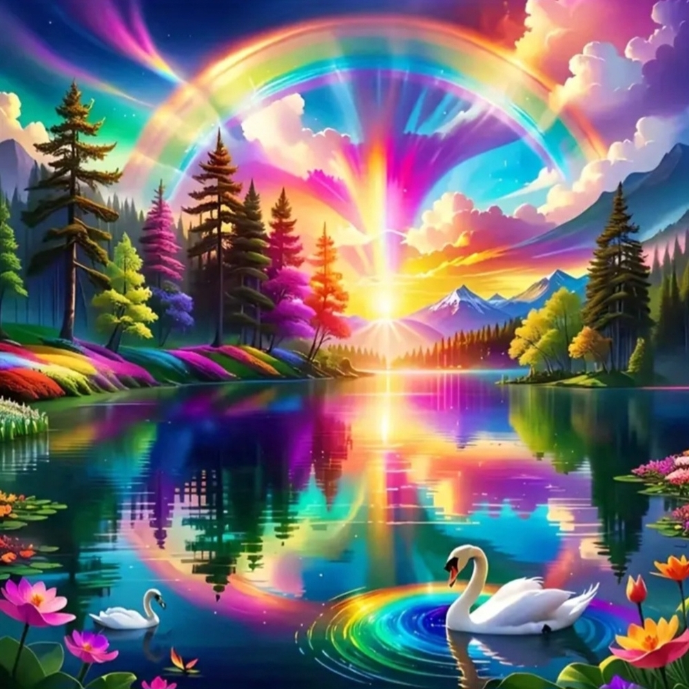 11.8x11.8 Colorful Rainbow Lake Scene with Swans DIY Diamond Art Painting Kit